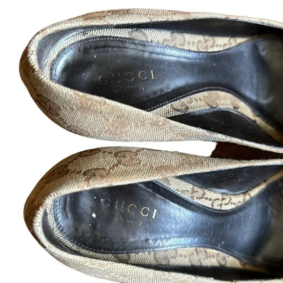 Gucci GG Monogram Canvas Open Toe Horsebit Pumps Beige Brown EU 37.5 US 7.5 - Picture 4 of 13